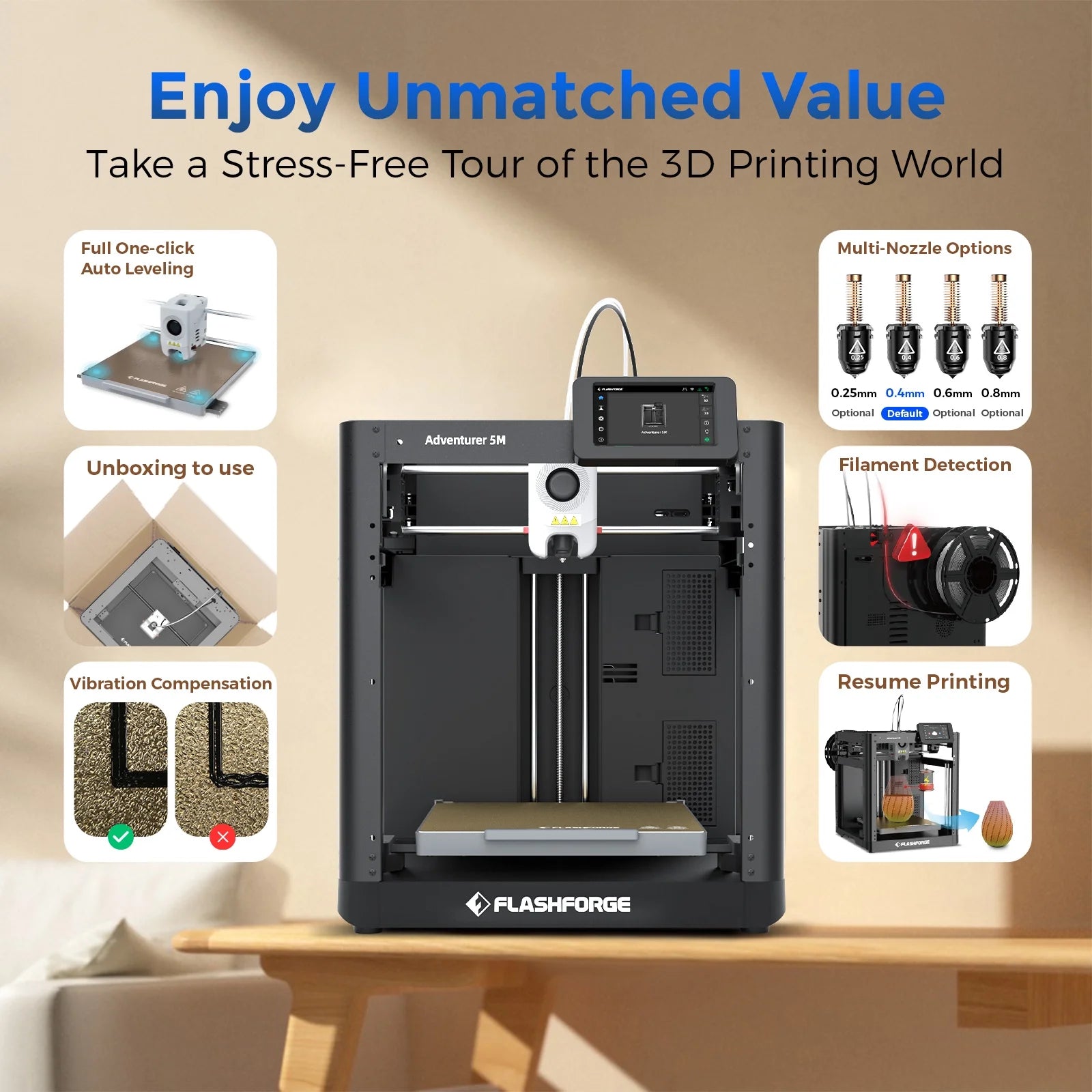 Adventurer 5M 3D Printer, Fully Auto Leveling & 600Mm/S High Speed Printing, Black